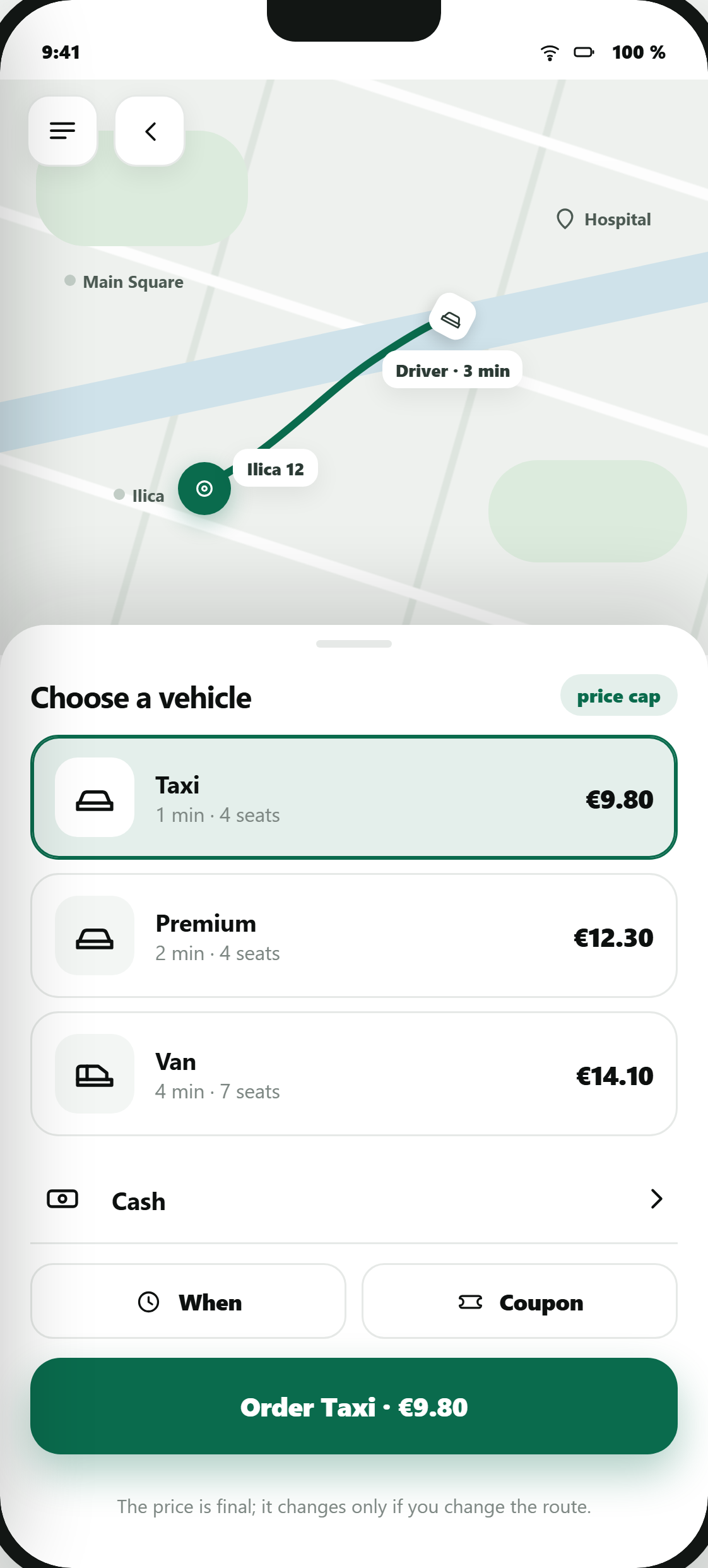 Passenger app: choosing a vehicle class with the price shown for each